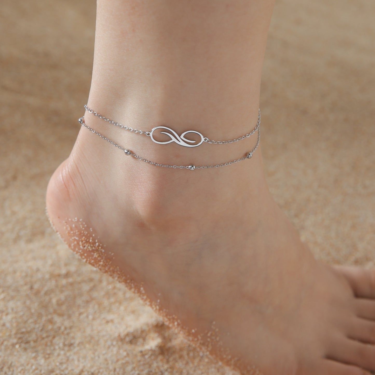 Women's Bohemian Infinite Symbol Anklet Stainless Steel Double Layer Bead Necklace Beach Anklet